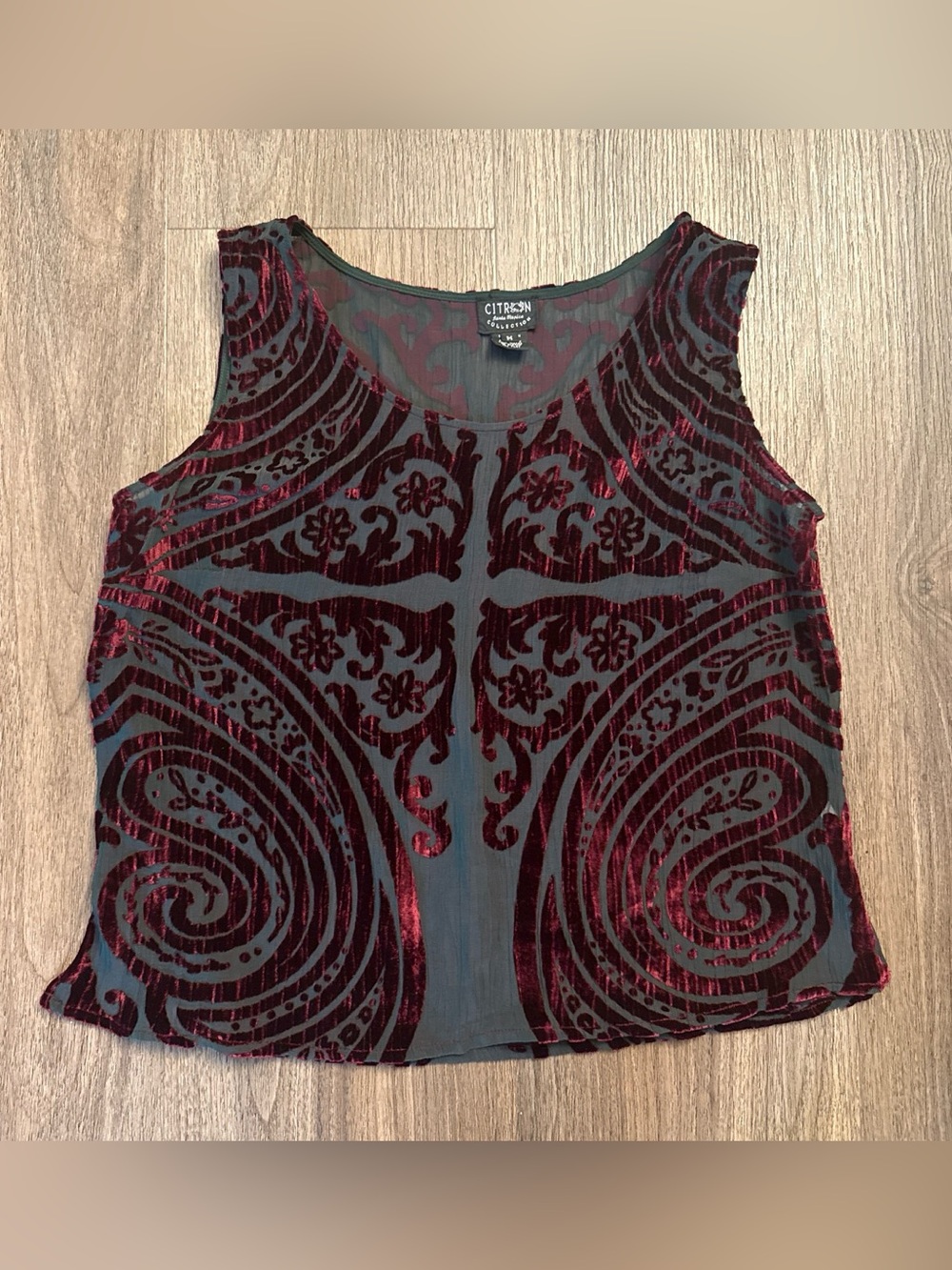 Citron grey & Burgundy Velvet Burnout Tank size medium silk blend